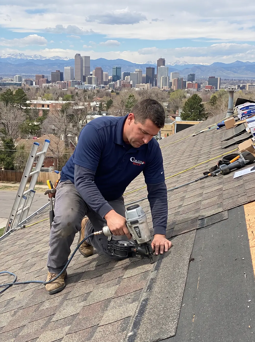 Colco Roof technician installing shingles on a Denver-area roof with the city skyline in the background
