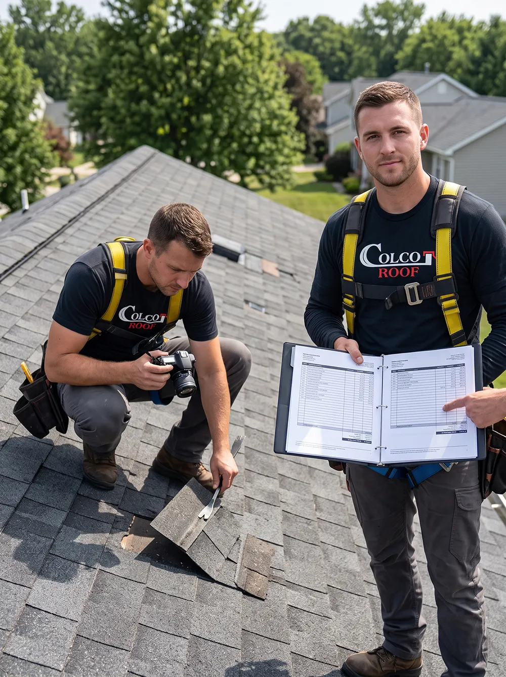Two Colco Roof technicians in safety harnesses conducting a roof inspection with a checklist